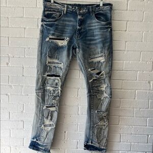 Smoke Rise Slim Fit Tapered Rip Repair Blue Denim Men’s Jeans 36x32 Streetwear